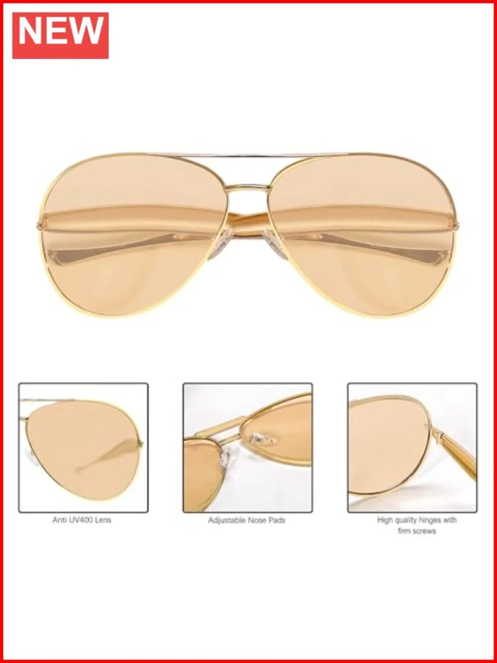Retro Oversized Aviator Sunglasses, Metal Frame UV Protection
